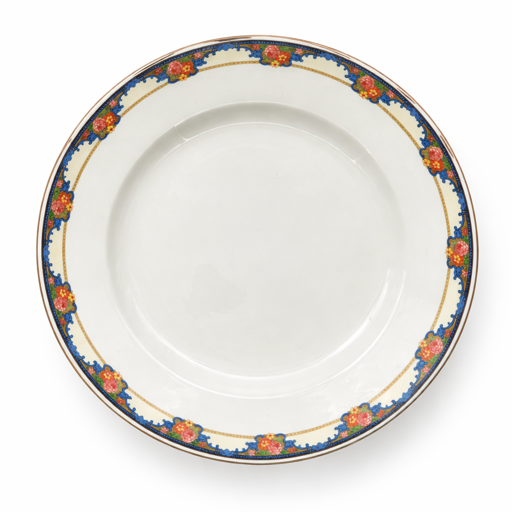 Assiette grande taille ancienne en faïence à décor floral polychrome, bordure bleue et or, production française Sarreguemines, XXe siècle