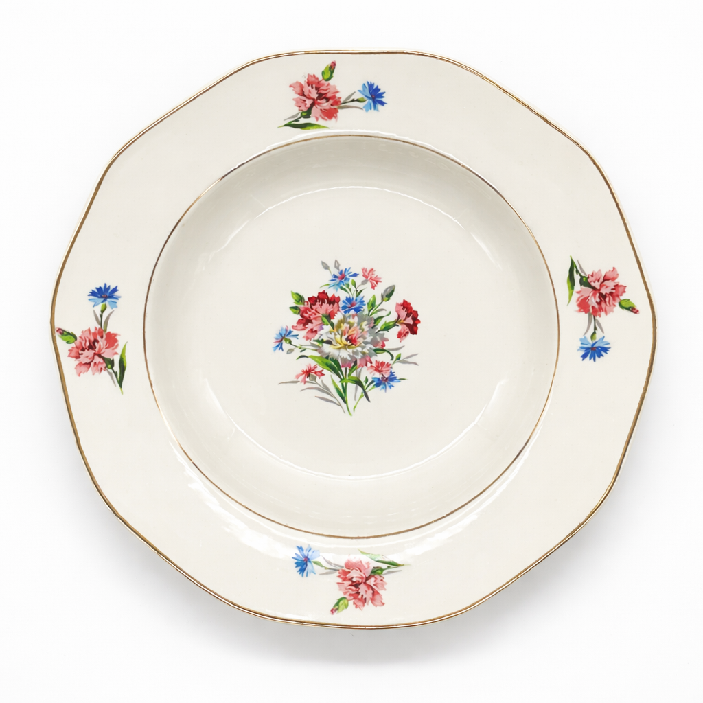 Assiette creuse en faïence fine à décor floral polychrome, bouquet central peint, bord contourné et filet doré