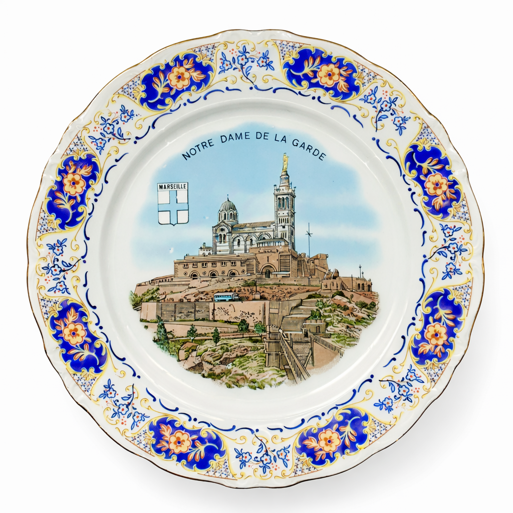 Assiette décorative en porcelaine représentant Notre-Dame de la Garde à Marseille, décor polychrome et bordure florale bleue et dorée