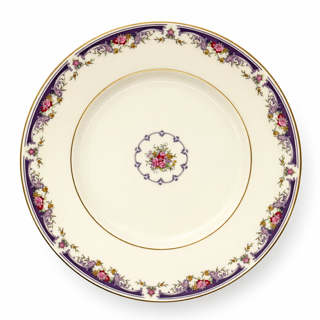 Assiette ancienne en porcelaine anglaise décor floral violet et or, décor imprimé, XXe siècle