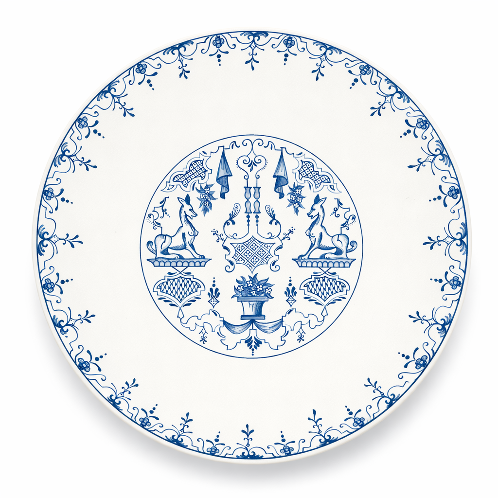 Assiette ancienne en céramique blanche, décor bleu symétrique d’inspiration néoclassique avec figures animales et motifs floraux, vue de dessus