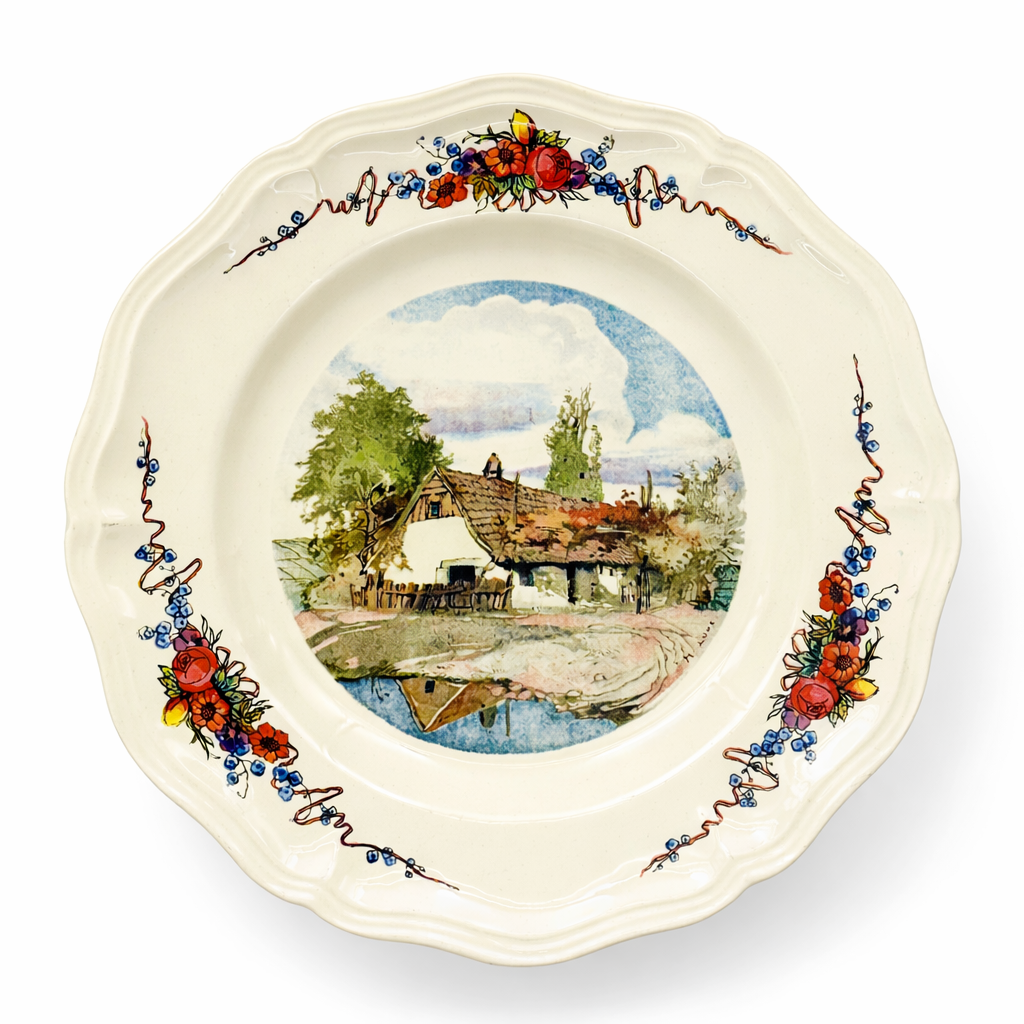 Assiette ancienne en faïence fine Sarreguemines Obernai décor paysage rural alsacien