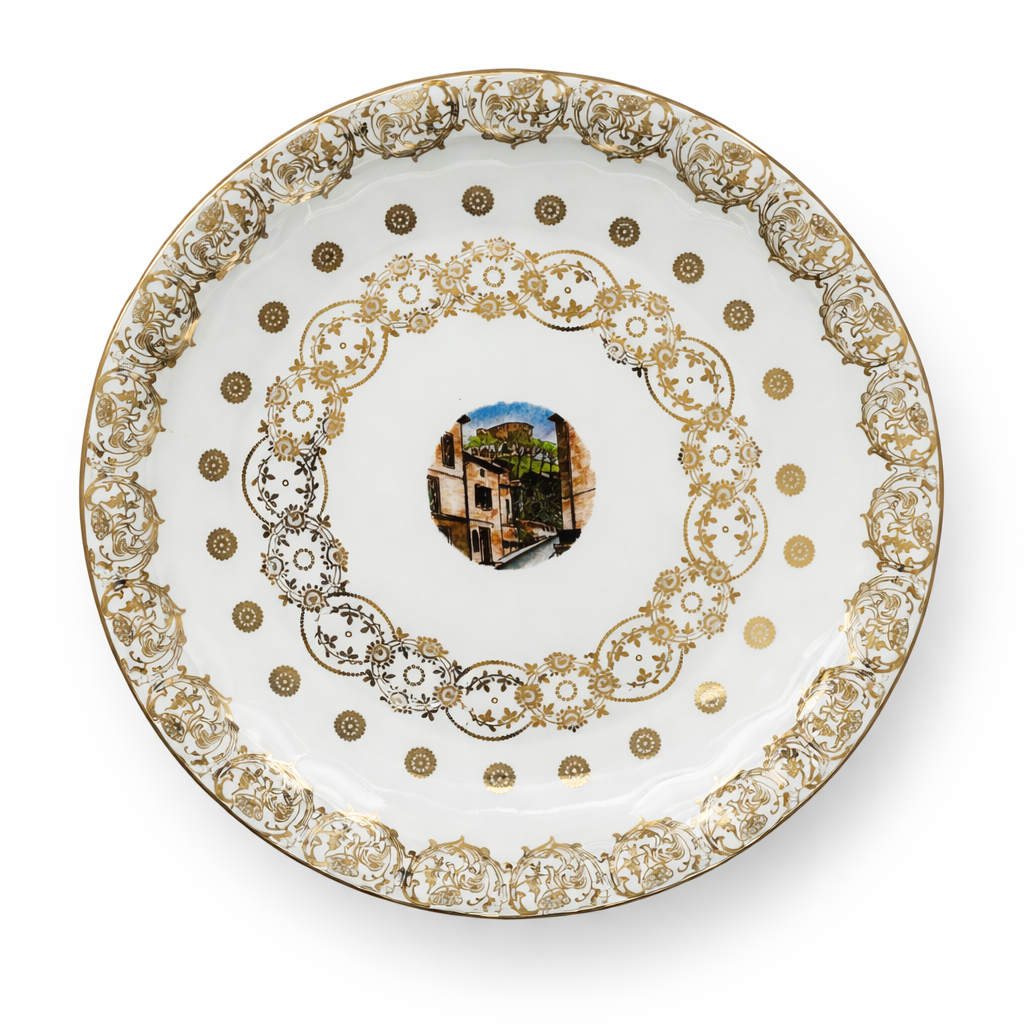 Assiette ancienne en porcelaine de Limoges à décor architectural central, ornementation dorée richement travaillée, production française de qualité