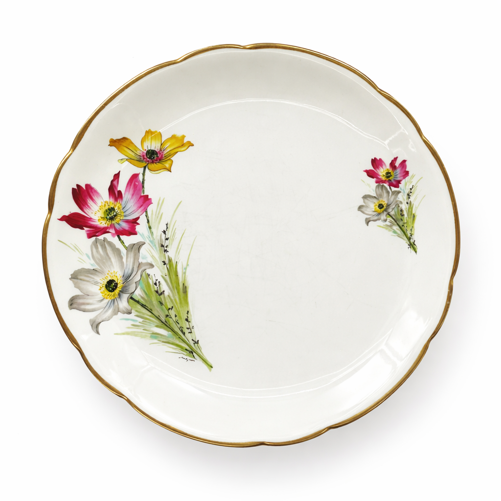 Assiette ancienne en porcelaine blanche à bord chantourné doré, décor floral polychrome