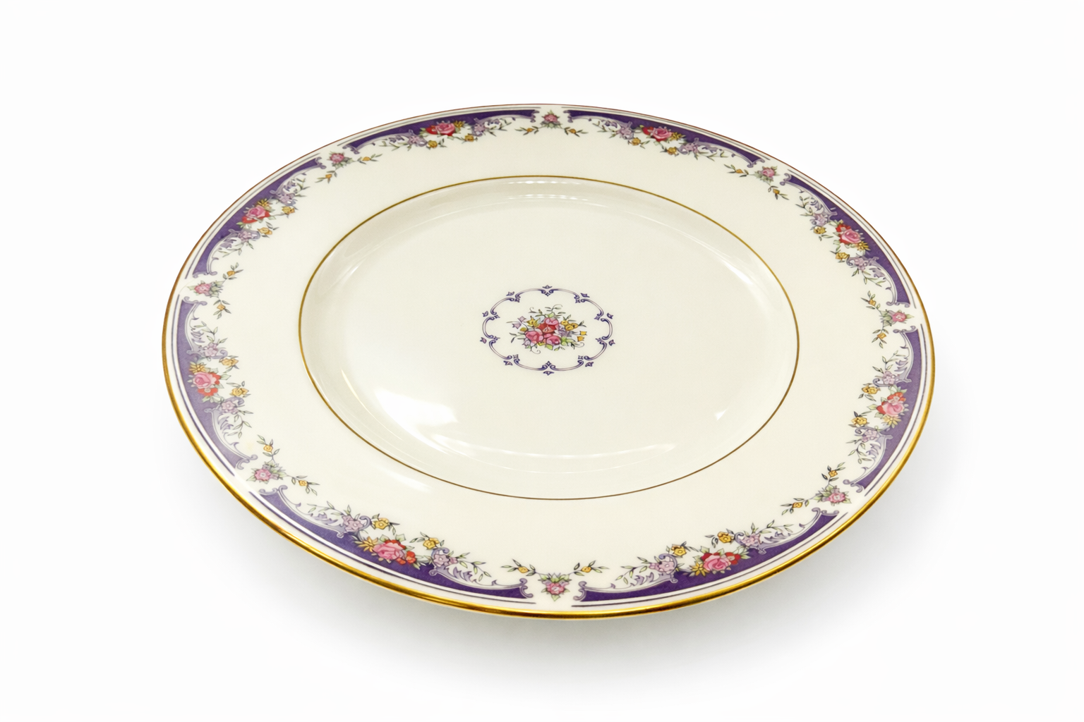 Assiette ovale ancienne en porcelaine anglaise décor floral violet, bord doré, décor imprimé