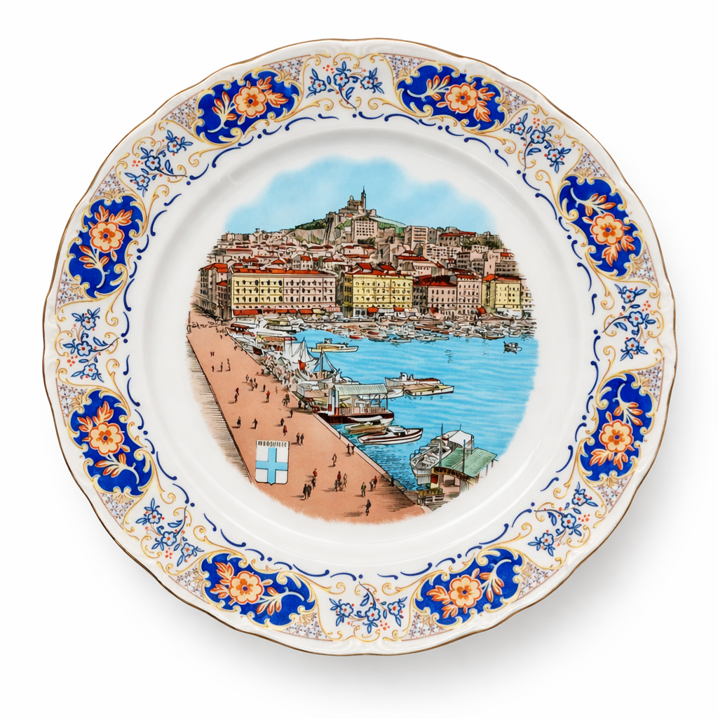 Assiette ancienne en porcelaine décor Marseille le Vieux-Port, bordure florale bleue et dorée, scène portuaire centrale