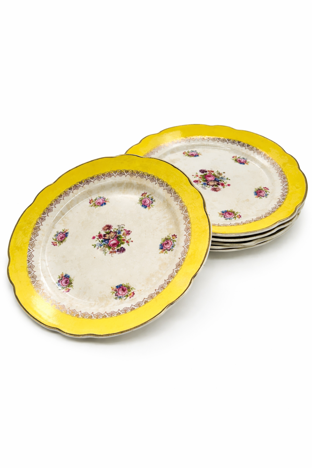 Service d’assiettes anciennes en porcelaine Graziella, décor floral ancien et aile jaune, ensemble de pièces