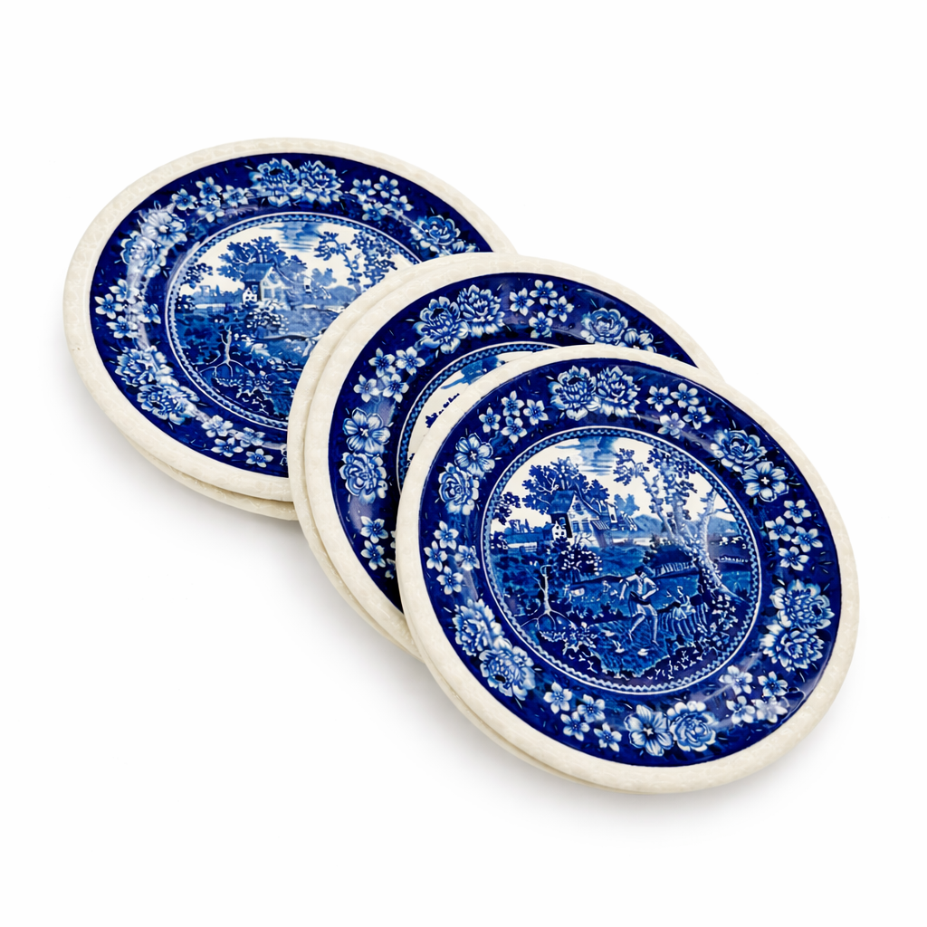 Lot d’assiettes anciennes en céramique à décor bleu champêtre, ensemble de plusieurs pièces vintage