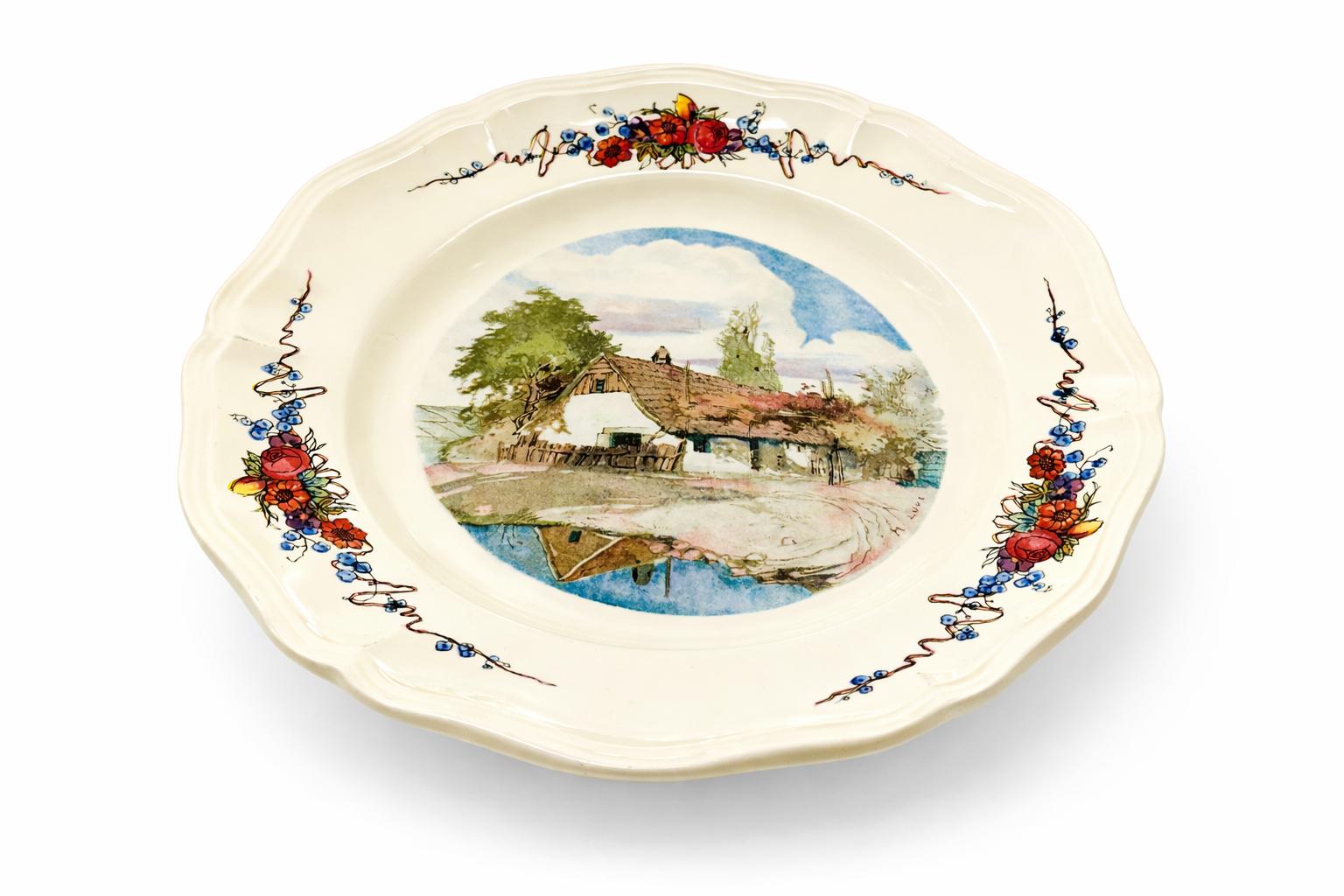 Assiette décorative en faïence fine française Sarreguemines Obernai scène de village