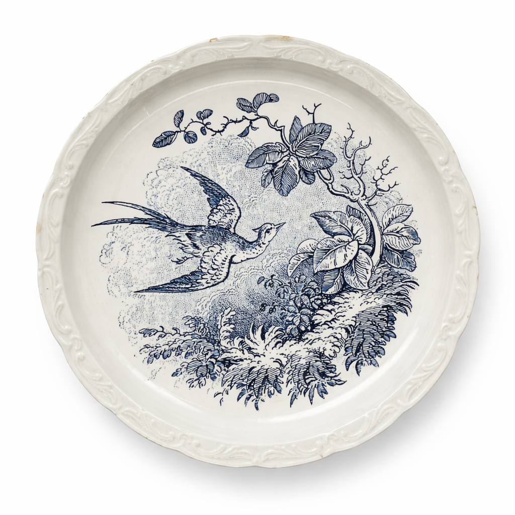 Assiette ancienne en faïence décor oiseau en vol, motif bleu monochrome de style naturaliste, bord mouluré, fabrication française